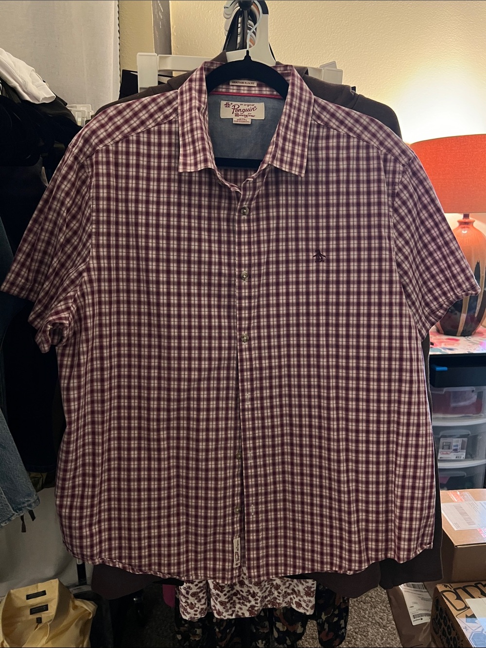 Original Penguin Men’s Maroon and White Plaid Short-Sleeve Button-Down Shirt